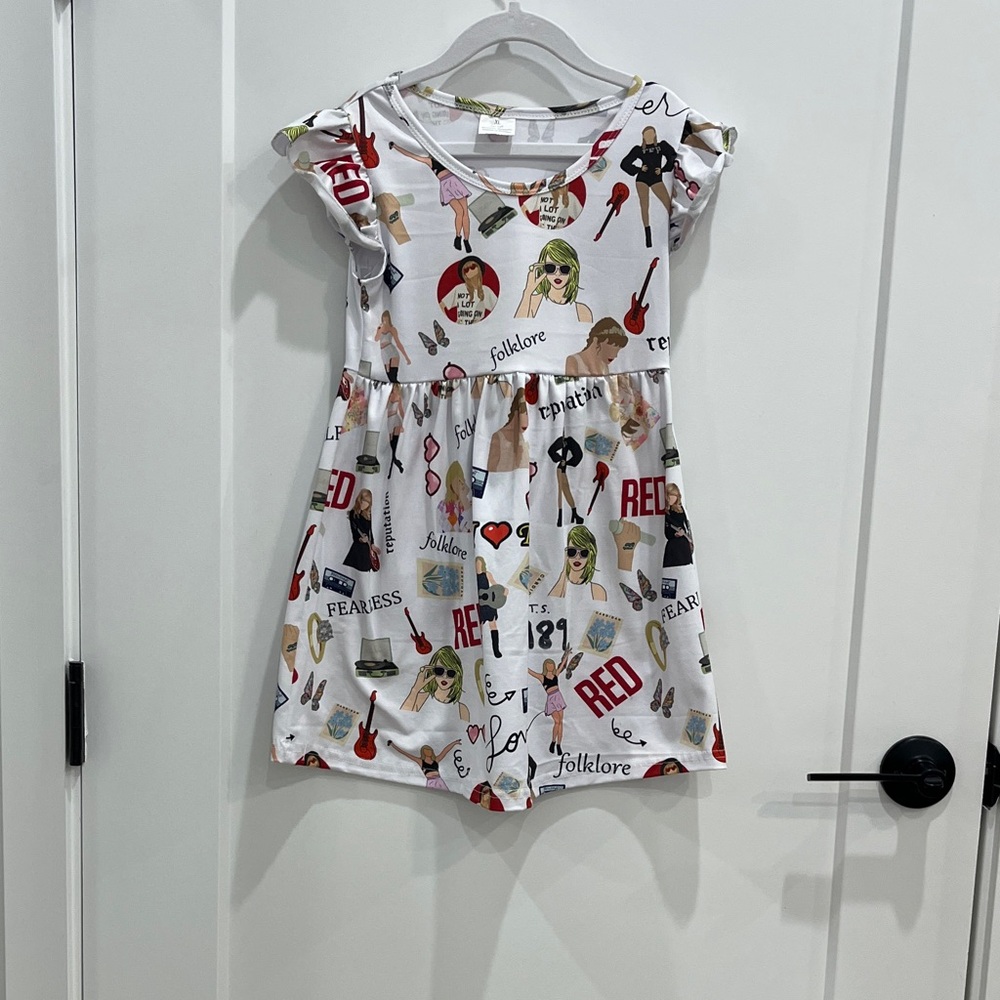 Kids White Taylor Swift  Dress with Red and Black Print